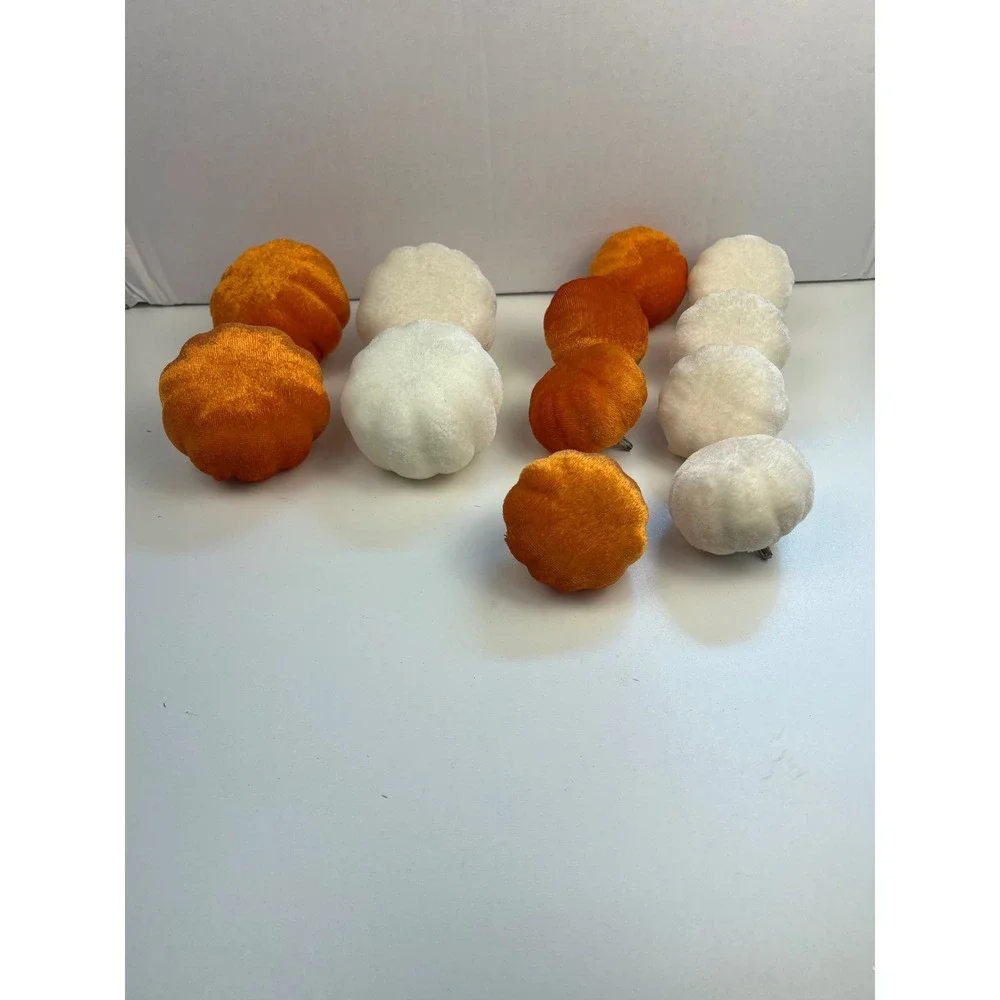 Set of 12 Velvet Pumpkins Fall Autumn Decor Orange White Miniature Faux Pumpkins